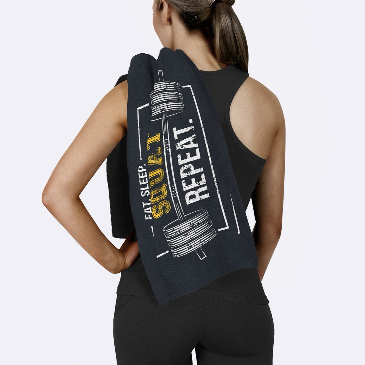 Eat Sleep Squat Repeat Yazılı Siyah Mikrofiber Spor Havlusu