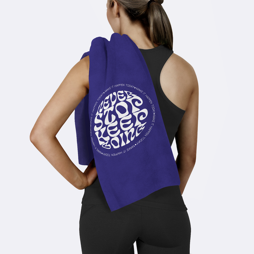 Never Stop Keep Going Eflatun Yazılı Mikrofiber Spor Havlusu