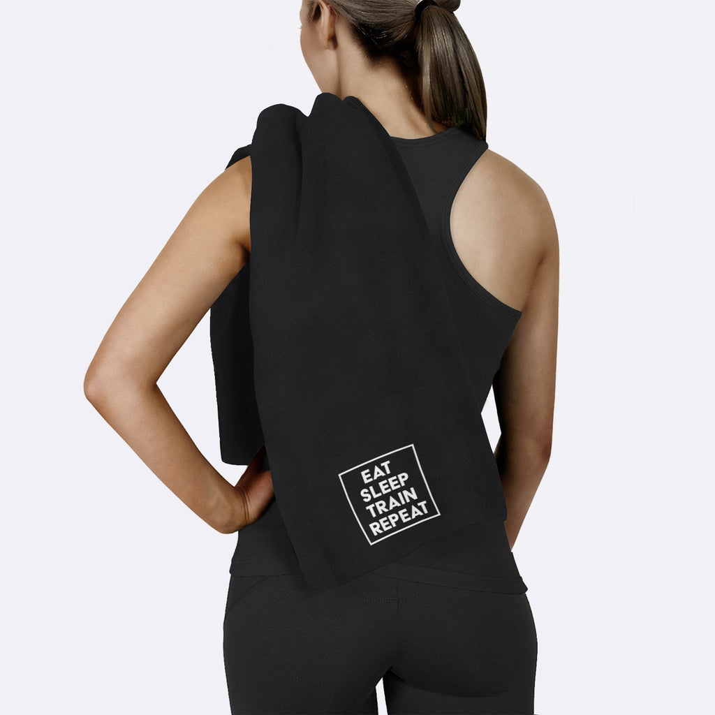 Eat Sleep Train Repeat Yazılı Siyah Mikrofiber Spor Havlusu